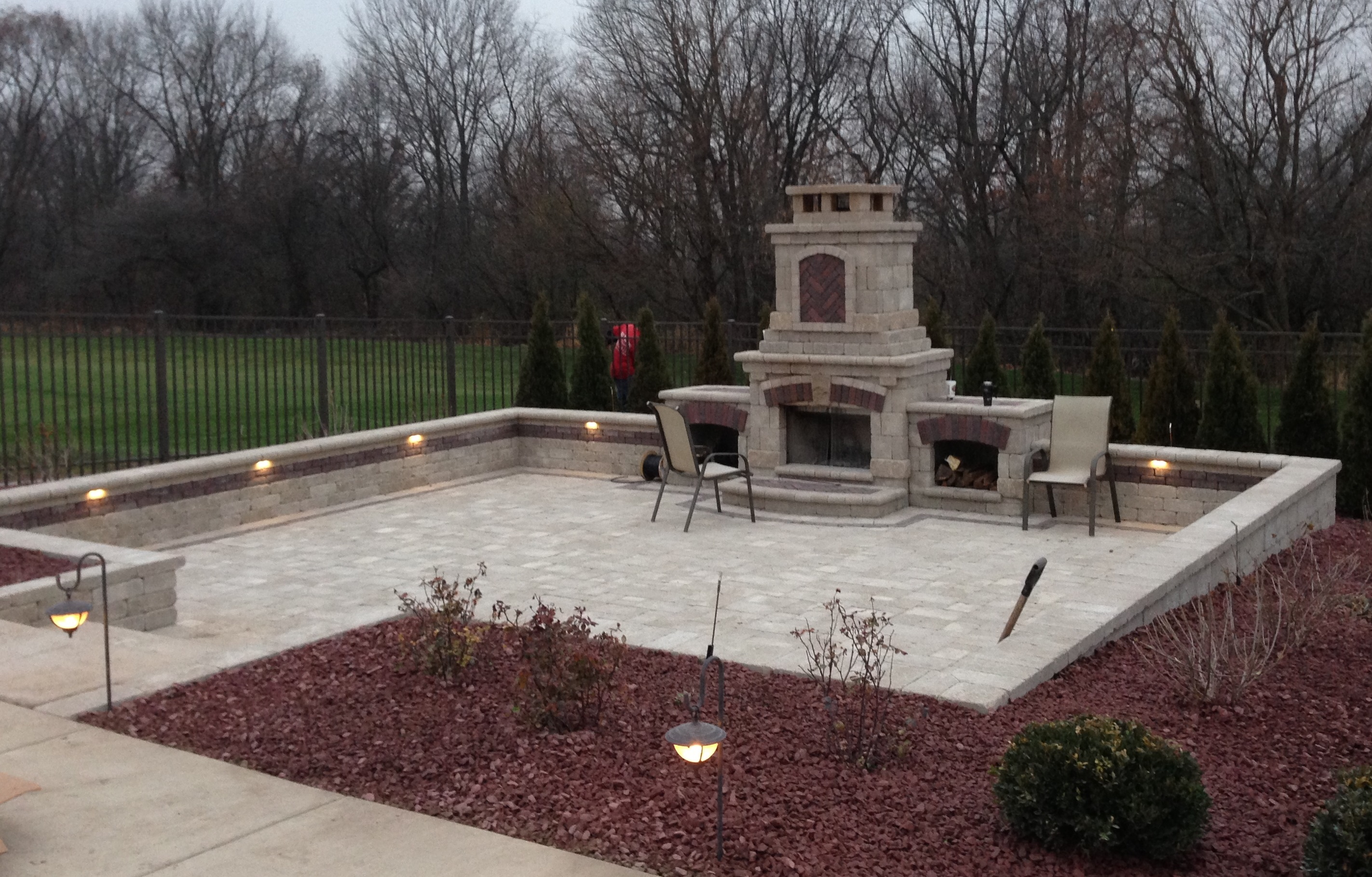 Fireplace patio with lighting